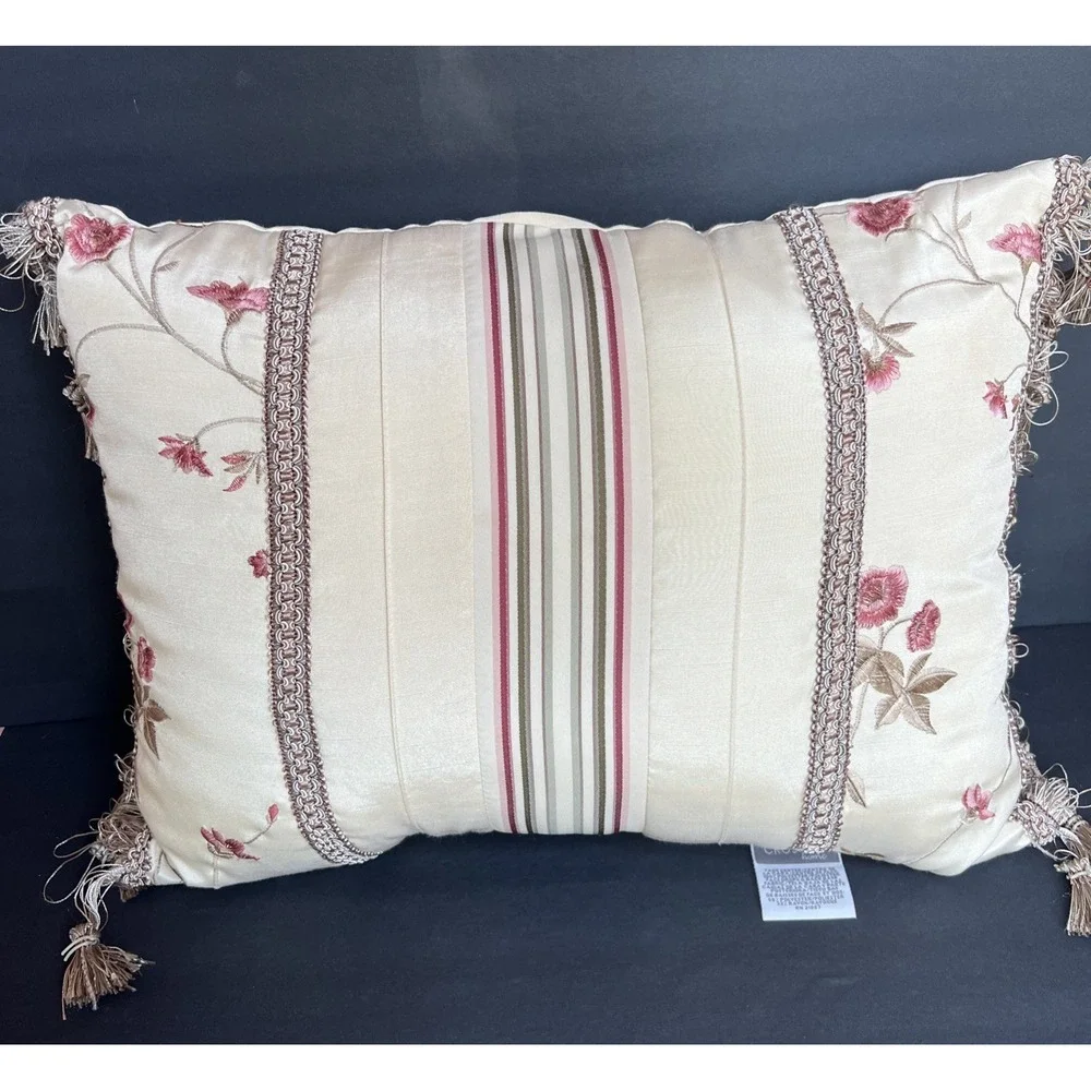 Croscill Rose Garden Floral Throw Pillows x2 16x16 & 16x12 Embroidered Tassels